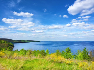 Fototapeta na wymiar Beautiful landscape of Kaniv Reservoir, Ukraine in sunny day with bright cloudy sky