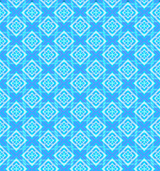Seamless pattern of colorful abstract geometric shapes with decorative ornament on a blue background