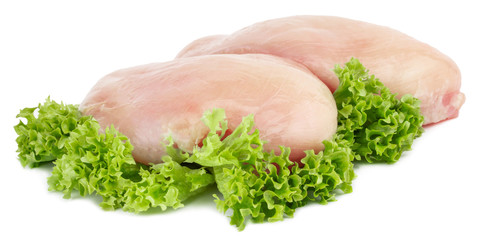 Raw chicken breast fillets with lettuce isolated on white background