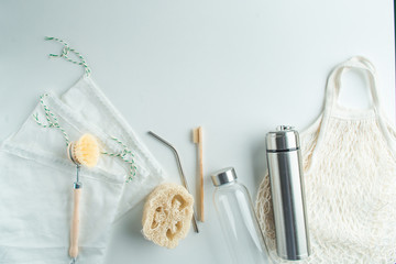 zero waste set for eco lifestyle with copy space
