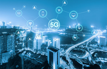 Wireless communication network concept.Panorama of Modern City