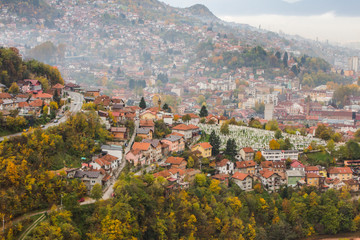 View from the high point to Sarajevo in the mist in the morning. Bosnia and Herzegovina