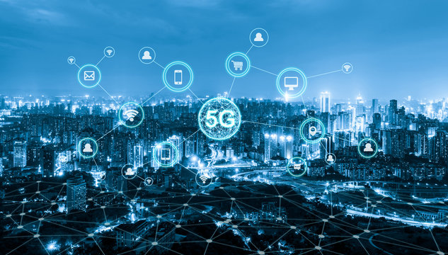 Wireless communication network concept.Panorama of Modern City
