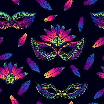 seamless vector pattern with colorful feathers and masks