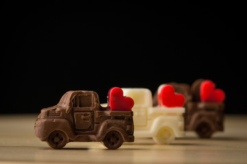 Valentines day candy trucks with red hearts