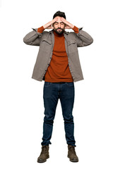 Full-length shot of Handsome man with beard unhappy and frustrated with something on isolated white background