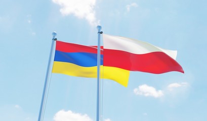 Poland and Armenia, two flags waving against blue sky. 3d image