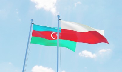 Poland and Azerbaijan, two flags waving against blue sky. 3d image