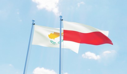 Fototapeta na wymiar Poland and Cyprus, two flags waving against blue sky. 3d image