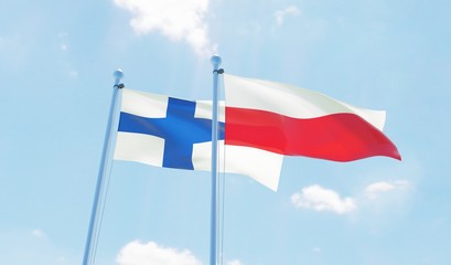 Poland and Finland, two flags waving against blue sky. 3d image