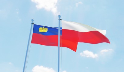 Poland and Liechtenstein, two flags waving against blue sky. 3d image