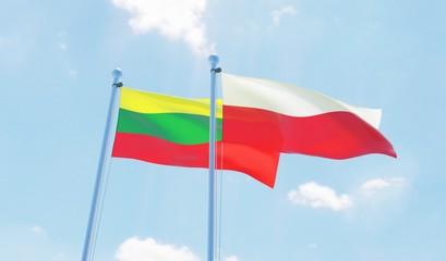 Poland and Lithuania, two flags waving against blue sky. 3d image