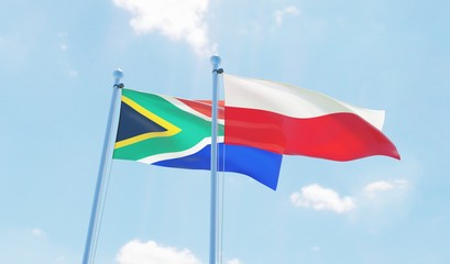 Poland and South Africa, two flags waving against blue sky. 3d image