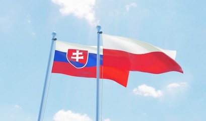 Poland and Slovakia, two flags waving against blue sky. 3d image