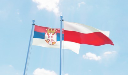Poland and Serbia, two flags waving against blue sky. 3d image