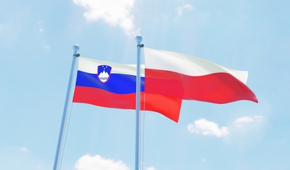 Poland and Slovenia, two flags waving against blue sky. 3d image