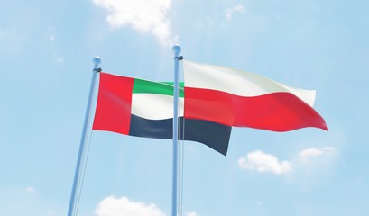 Poland and UAE, two flags waving against blue sky. 3d image