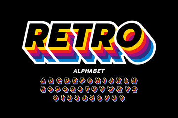 Retro style colorful font design, alphabet letters and numbers