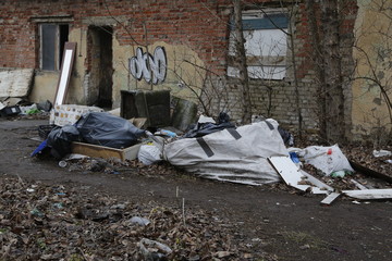  Environmental problems and nature pollution. Waste dumped in the city, an illegal social issue....