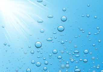 Blue water background with sunshine and realistic bubbles or drops.