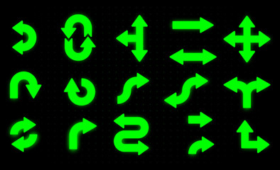 Set of green neon shiny rounded arrows isolated on black background.