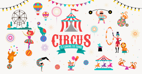 Circus banner and background with tent, monkey, air balloons, gymnastics, elephant on ball, lion, jugger and clown. Vector illustration © Marina Zlochin