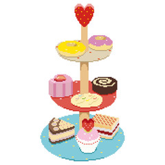 Collection of tasty cakes of different tapes and colors. Pixel art illustration