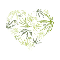Vector heart shape of hemp plant and cannabis leaves for st. valentines day