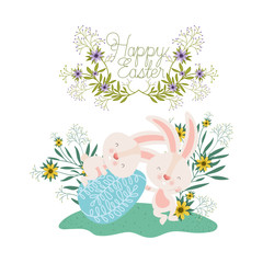 happy easter label with egg and flowers icon