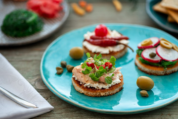 Snacks on the table, bright spring lunch.