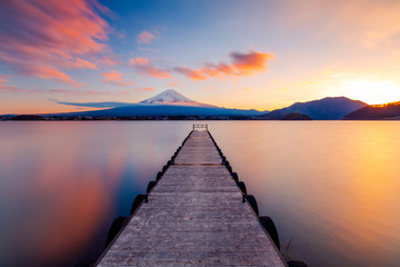 Mt. Fuji with a leading dock in Lake Kawaguchi, Japan	