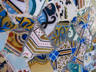 Details of a Colorful Ceramic Bench at Park Guell Designed by Antoni Gaudi, Barcelona, Spain.