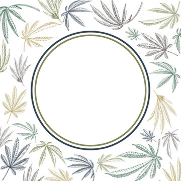 Vector circle frame of hemp plant and cannabis leaves with round labelMobile