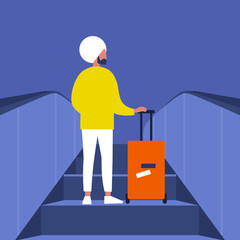 Young indian male passenger going up on the escalator with the baggage. Airport. Subway station. Travel. Flat editable vector illustration, clip art
