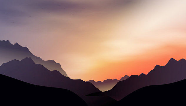 a vector landscape with a sunset in the mountains