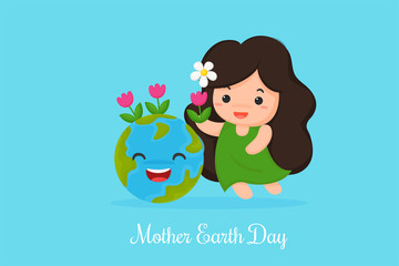 Cute Cartoon Mother Earth, plant flowers in the world