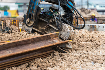 Retaining wall steel sheet pile driving machine work