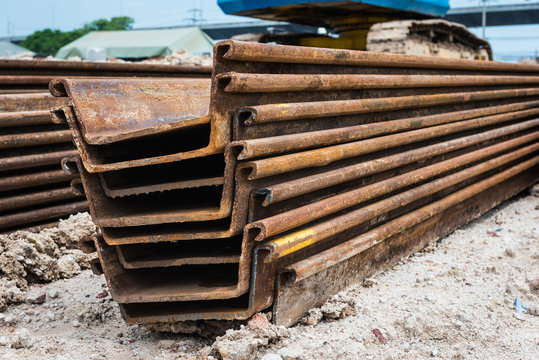 Construction Site. Retaining Wall Steel Sheet Pile Materials Stock On Construction Site