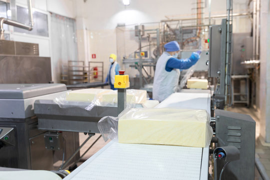 Worker Packs Butter At The Dairy Plant