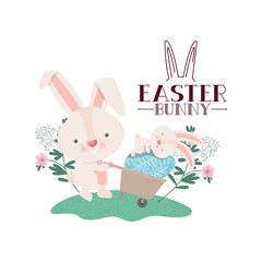 easter bunny label with egg and flowers icon