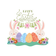 happy easter label with egg and flowers icon