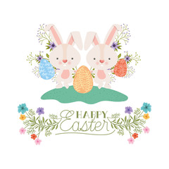 happy easter label with egg and flowers icon