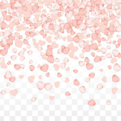 Love Hearts Confetti Falling Background. St. Valentine's Day pattern Romantic Scattered Hearts. Vector Illustration for Cards, Banners, Posters, Flyers for Wedding, Anniversary, Birthday Party, Sales.