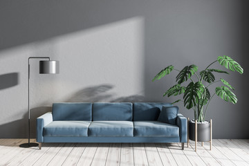 Gray living room with blue sofa