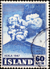 Eruption of vulcan Hekla on vintage icelandic stamp