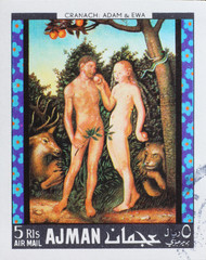 Adam & Eve painted by Cranach on postage stamp - obrazy, fototapety, plakaty