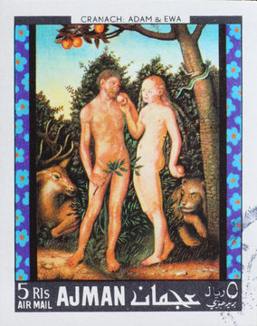 Adam & Eve painted by Cranach on postage stamp