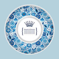 Greeting card or invitation with a decorative plate and flowers. Can be used for scrapbook, menu template, print and etc.