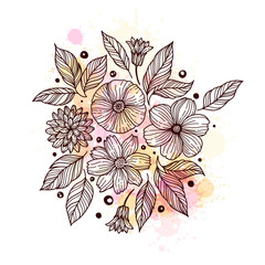 Template greeting card or invitation with flowers. Freehand drawing. Floral background