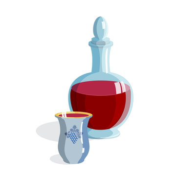 Jewish Passover Holiday Red Wine bottle wineglass "Kiddush cup" isolated for ceremony prayer Passover seder Shabath. Vintage four wine glasses, traditional drink food pesach plate family icon logo